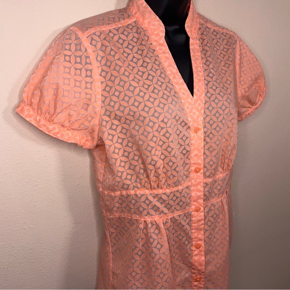 Small Attention Orange Peach Short Sleeve Blouse  Collared Boho Print Semi Sheer - Picture 4 of 12
